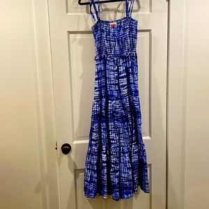 Solid and Striped Indigo Shibori midi dress with square neck, self tie straps